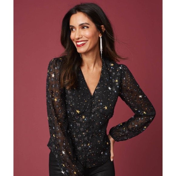 UNTUCKit Scarlett Starry Button Blouse Women’s Sz Large Semi Sheer Long Sleeve - Picture 1 of 13